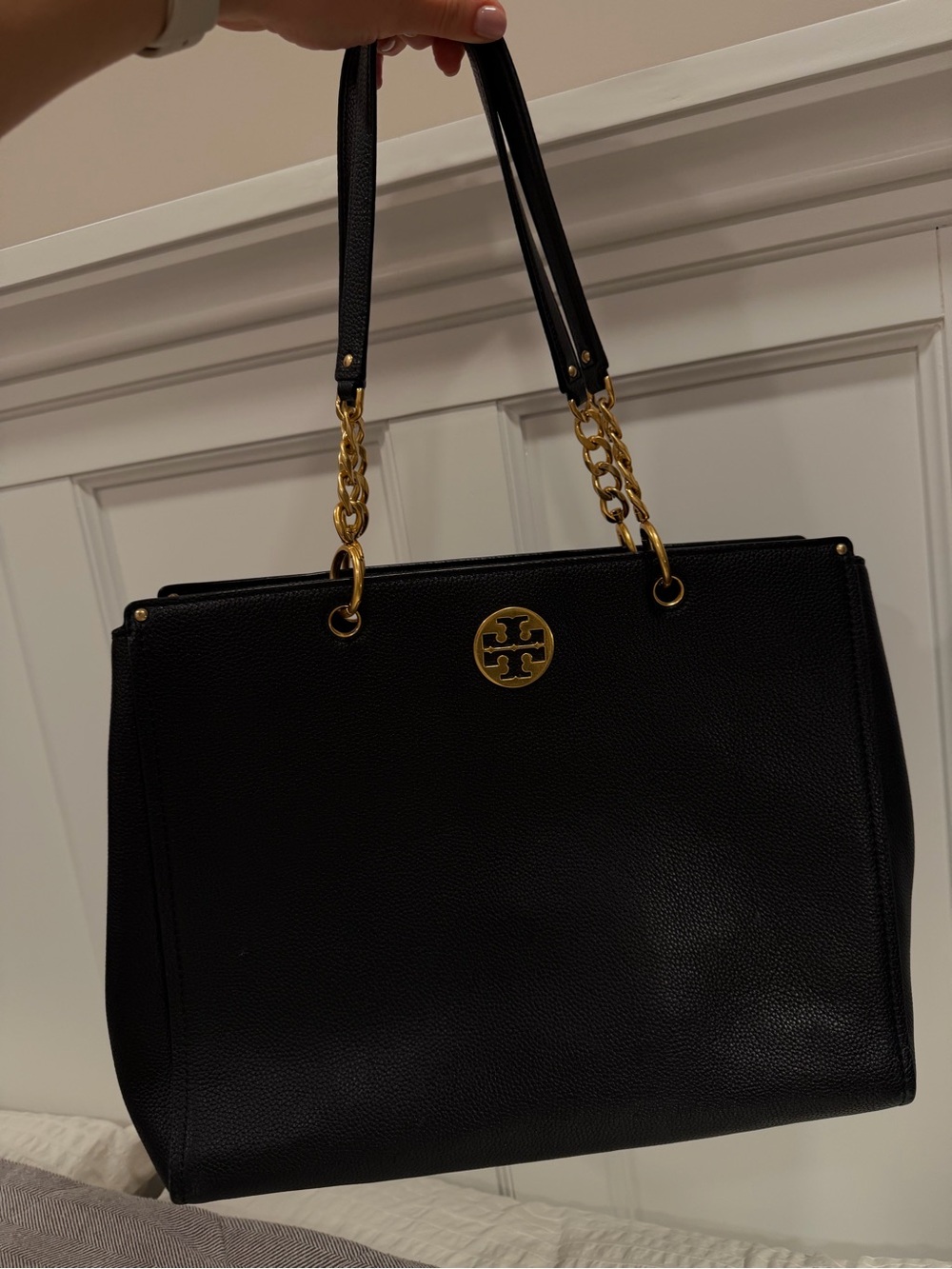 Tory Burch Black Pebbled Leather Tote with Gold Chain Detail